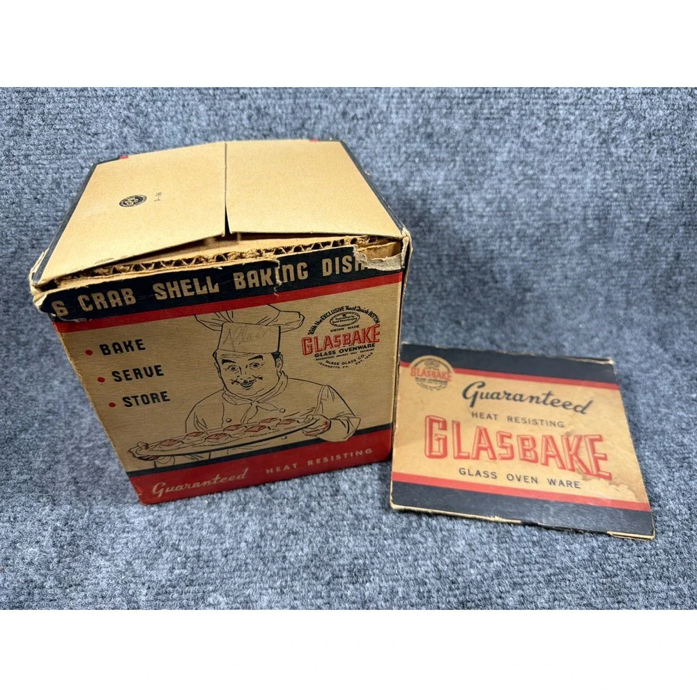 Vintage Glasbake Crab Shell Baking Dishes Set of 6 McKee Glass Co Clear Boxed